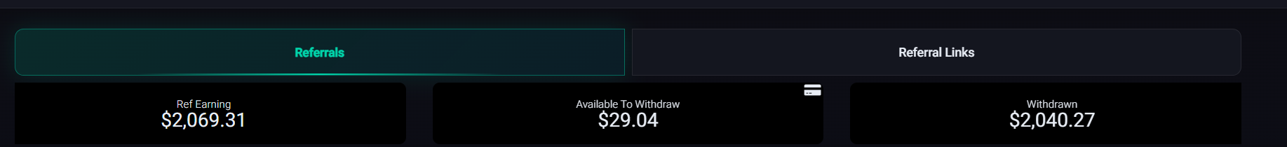 Referral account screenshot showing $2,069.31 in referral earnings, $29.04 available to withdraw, and $2,040.27 withdrawn